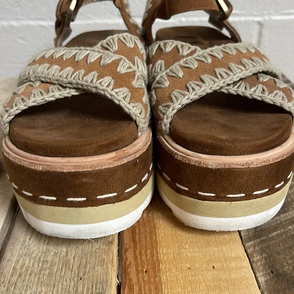 Mou Brown Suede Platform Sandals with Cream Stitching and Buckle